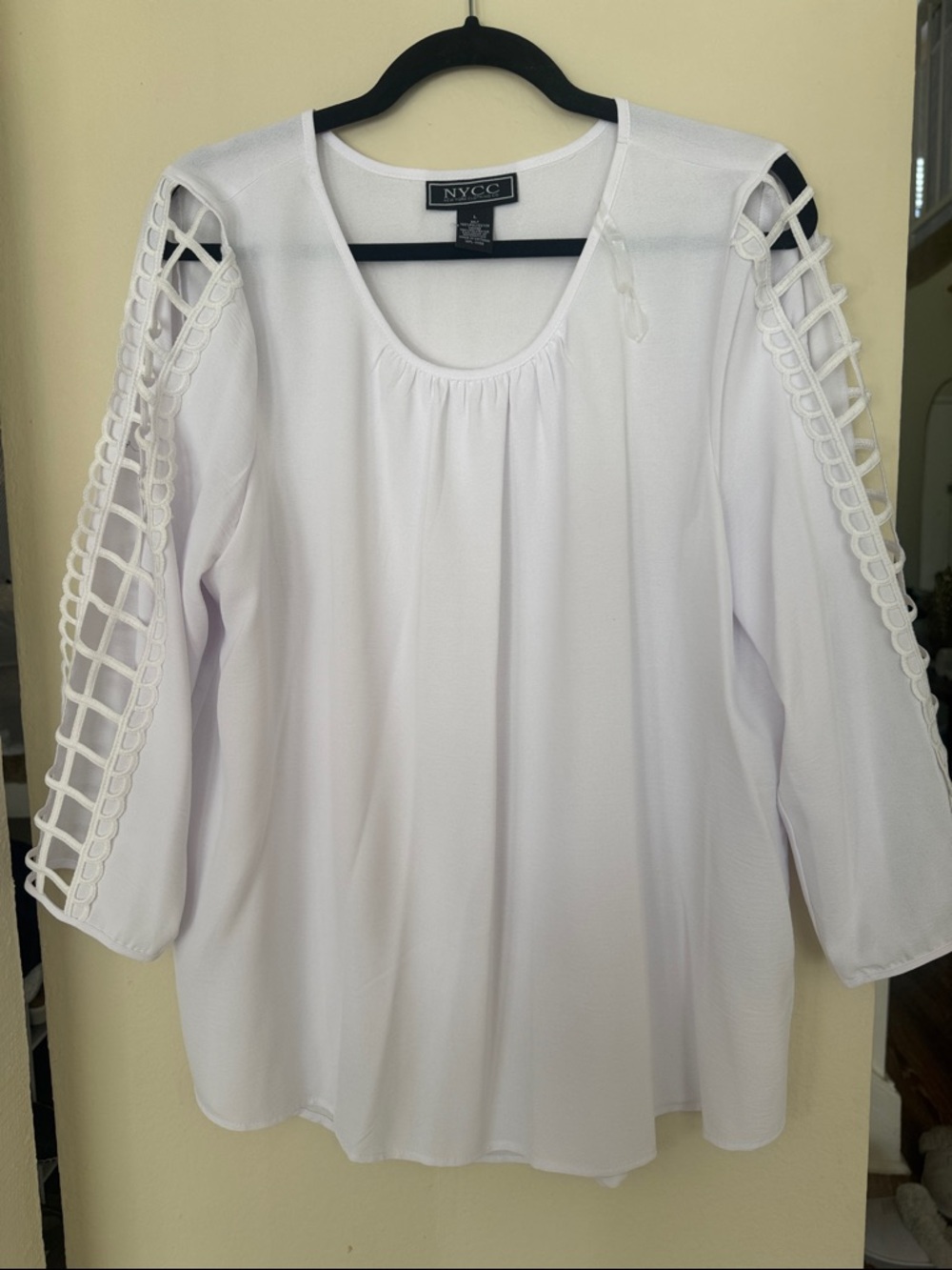 New York & Company White Cold-Shoulder Blouse with Lattice Sleeve Detail